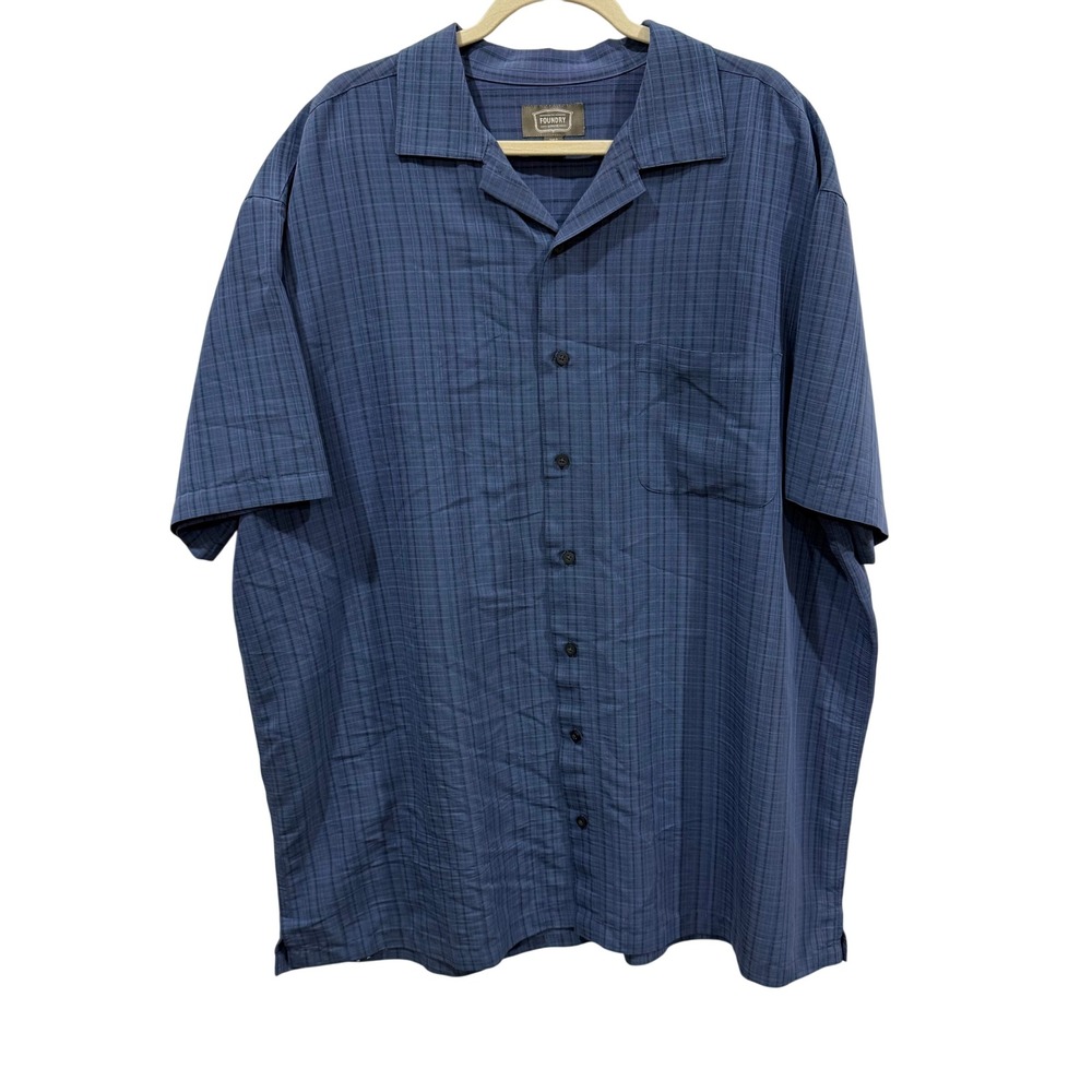 The Foundry Supply Co Mens 2XLT Blue Plaid Camp Collar Short Sleeve Button Shirt